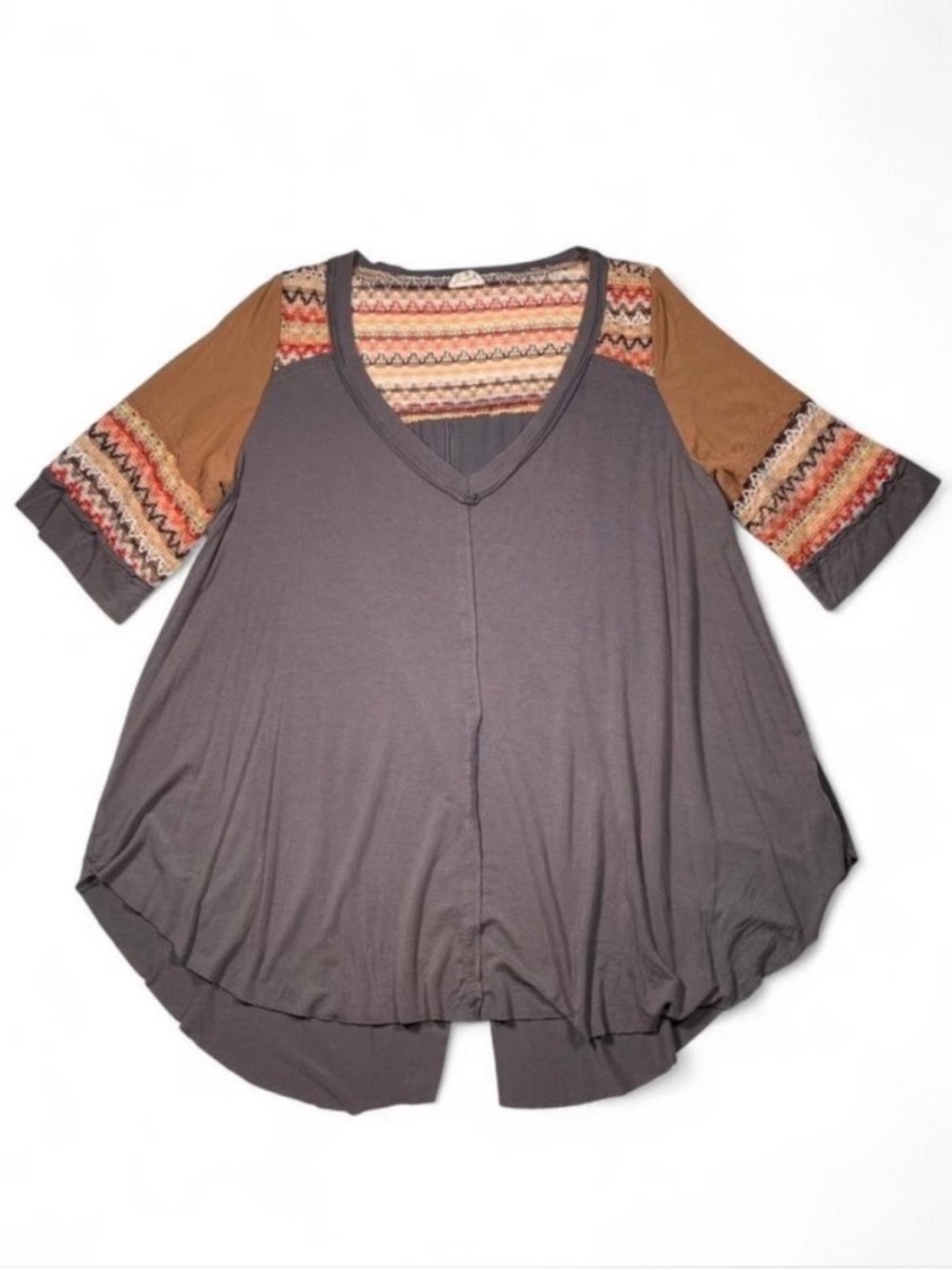 POL Cyprus Vneck Oversized Top Boho Charcoal Multi Colored Crochet Sheer Small